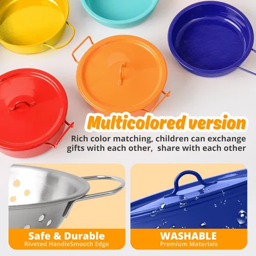 Miniatura 5 de Juego de accesorios de juguete de cocina para niños pequeños, juego de cocina para niñas y niños, incluye ollas y sartenes coloridas (azul)