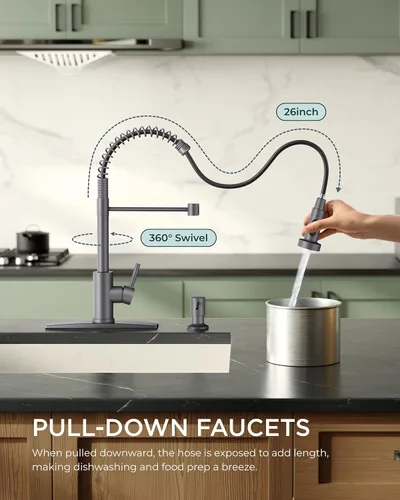 Miniatura 2 de FORIOUS Grifo de cocina con rociador extraíble, grifo de fregadero clásico de resorte extraíble de acero inoxidable comercial de una sola manija Gris