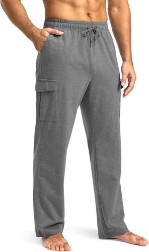 Pudolla Pantalones deportivos de algodón para hombre con bolsillos tipo cargo, parte inferior abierta, pantalones de yoga para hombre, pantalones de