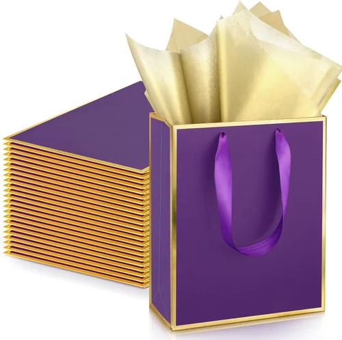 Miniatura 26 de Yeaqee Paquete de 24 bolsas de regalo de papel metálico con asa y papel de seda de 9 x 7 x 3.1 pulgadas, bolsas de favor de bienvenida con papel