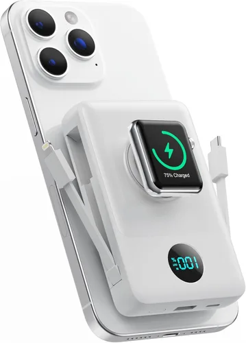 Miniatura 10 de Cargador portátil magnético de 10800 mAh para iPhone con cables integrados, cargador de batería inalámbrico 6 en 1 con cargador iWatch, pantalla LCD