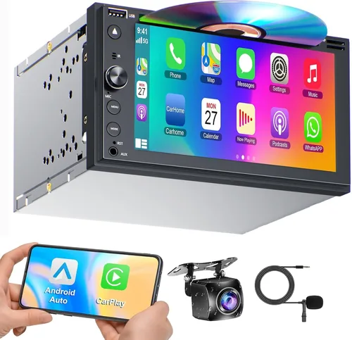 Estéreo de coche de doble DIN con reproductor de CD/DVD, estéreo de automóvil con pantalla táctil de 7 pulgadas con Apple CarPlay y Android Auto,