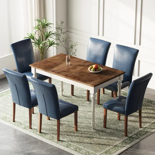 Miniatura 32 de Juego de 2 sillas de comedor de granja, respaldo alto con patas de madera y ribete de cabeza de clavo, silla de comedor de tela moderna