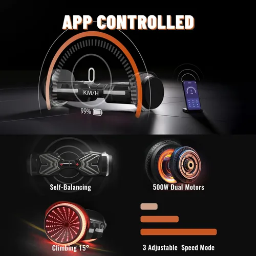 Miniatura 5 de SIMATE Patinete, ruedas LED coloridas iluminadas, altavoces Bluetooth y APP, motores duales de 250W, velocidad máxima de 8.5 mph y alcance máximo