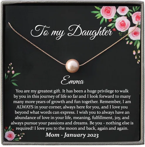 Miniatura 47 de Collar de hija relleno de oro de mamá o papá, collar clásico de perlas blancas con mensaje significativo, listo para regalar
