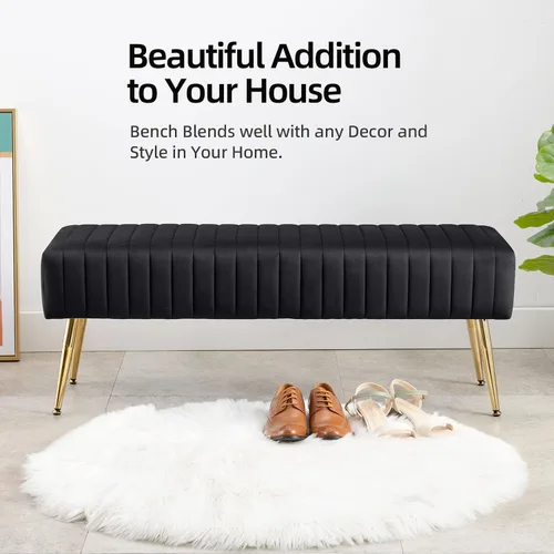 Miniatura 5 de Furniliving Banco de 44 Pulgadas para Dormitorio, Bancos Otomanos Tapizados con Tela Rayada y Tufting con Patas de Metal en Forma de X para Sala