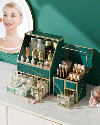 Miniatura 5 de CoralHouse Organizador de maquillaje ámbar, organizador de tocador de vidrio para cuidado de la piel, lápices labiales, perfumes, brochas