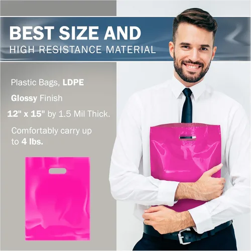 Miniatura 3 de PPB - Bolsas de plástico rosa de 12 x 15 pulgadas, acabado brillante, tamaño mediano al por menor, paquete de 200, 1.5 mil de grosor, con asas