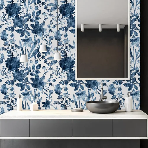 Miniatura 7 de Papel tapiz vintage azul floral para despegar y pegar, papel de contacto de hojas de ramas, impermeable, extraíble, fácil de despegar, 17.71 x 118.1