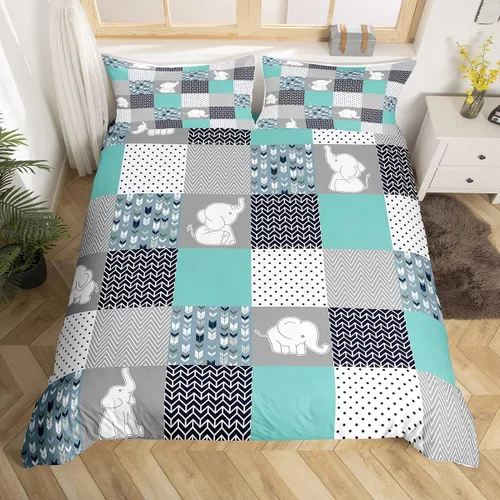 Miniatura 44 de Homewish Juego de ropa de cama de elefante, tamaño Queen, funda de edredón a rayas azules para niños y niñas, juego de funda de edredón de animales