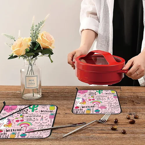 Miniatura 6 de Juego de 2 soportes para ollas de unicornio de flamenco rosa, resistentes al calor y antideslizantes, almohadillas calientes para horno de dibujo