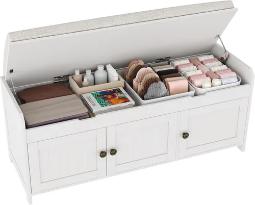 Miniatura 14 de HOMEFORT Banco para Zapatos de 30" con Almacenamiento de Tapa Elevable, Banco de Entrada con Asiento Acolchado, Banco de Madera para Pie de Cama