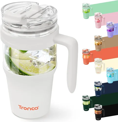 Miniatura 10 de Tronco Vaso de vidrio de 32 onzas con popote y tapa, tapa con popote 2 en 1 a prueba de fugas, botellas de agua de vidrio con asa, apto para Rosa