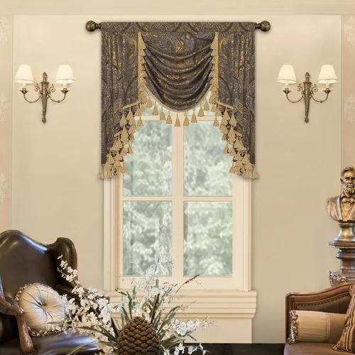 Miniatura 19 de Loom and Mill Cenefa de cascada de lujo de jacquard para sala de estar, elegantes cenefas de ventana con festones y cuentas damascadas, cortinas