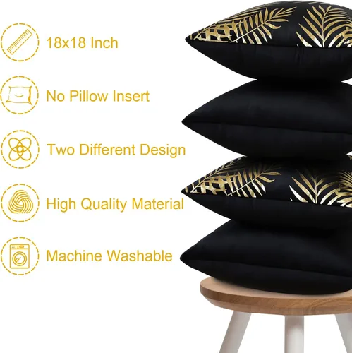 Miniatura 5 de OTOSTAR Paquete de 4 fundas de almohada de terciopelo suave con hojas doradas, fundas de almohada decorativas modernas, fundas de almohada B-black