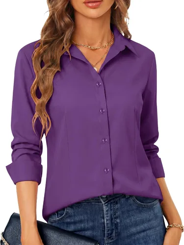 Miniatura 31 de BBIBBI Camisa de vestir elástica de manga larga con botones para mujer, blusa de trabajo casual de negocios (clásica, recortada y alta)