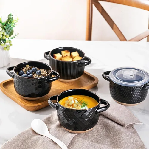 Miniatura 6 de GBhome Cuencos de sopa de 22 onzas con asas y tapas grandes, juego de 4 cuencos de cerámica con cuchara para sopa, cereales, estofado, coloridos