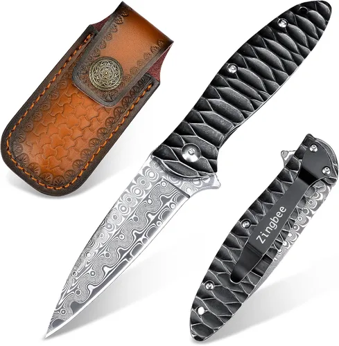 Miniatura 15 de Zingbee Navaja de bolsillo con rompecristales, navaja plegable de Damasco EDC con cortador de cinturones de seguridad, navaja multiusos de bolsillo
