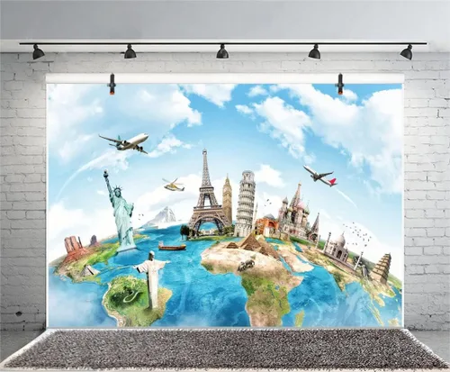 Miniatura 4 de Yeele Telón de fondo de viaje de globo de 10 x 8 pies, mapa de la tierra, continente mundial, famoso, paisaje, fotografía del hogar, fondo