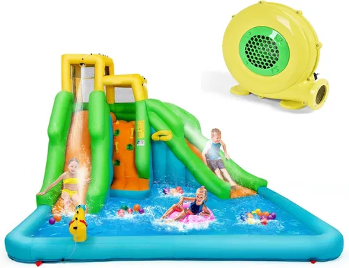 KOTEK Tobogán acuático inflable, tobogán acuático 6 en 1 con pared de escalada, 2 toboganes largos, piscina y aro de bola, toboganes acuáticos