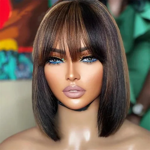Peluca Bob con flequillo de cabello humano sin pegamento, encaje HD, liso, corto, con reflejos marrones, peluca corta lista para usar para mujeres