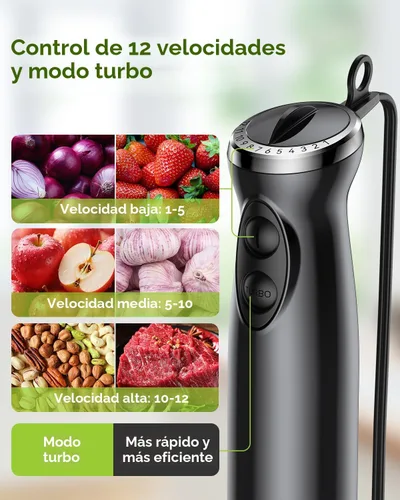Miniatura 4 de Batidora de mano de inmersión, batidora de mano 5 en 1 de 1000 W, sin BPA, licuadora de mano de 12 velocidades 304 inoxidable, vaso de precipitados