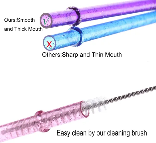 Miniatura 4 de Dakoufish Sin BPA 12 Piezas Pajitas Reutilizables de Plástico Transparente con Purpurina de 11 Pulgadas Más un Cepillo de Limpieza