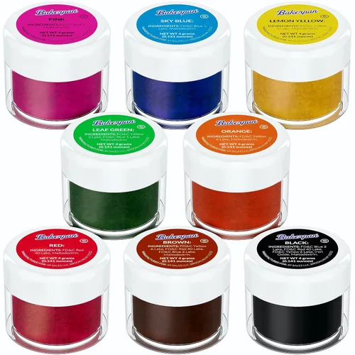 Bakerpan Polvo colorante de alimentos para hornear, decoración de pasteles, tarros de 0.14 oz - Juego de 8 colores (fabricado en Estados Unidos)