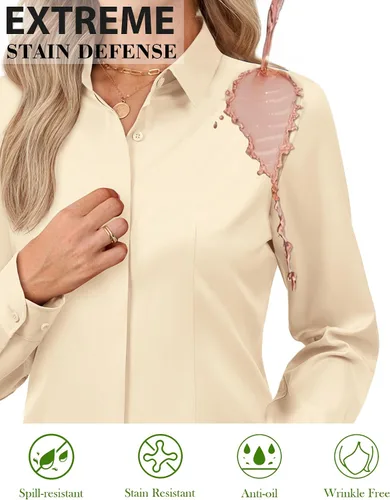 Miniatura 4 de Gleeivy Camisa con botones para mujer, solapa con botones ocultos, ligera, transpirable, resistente a las manchas, manga larga, trabajo e informal