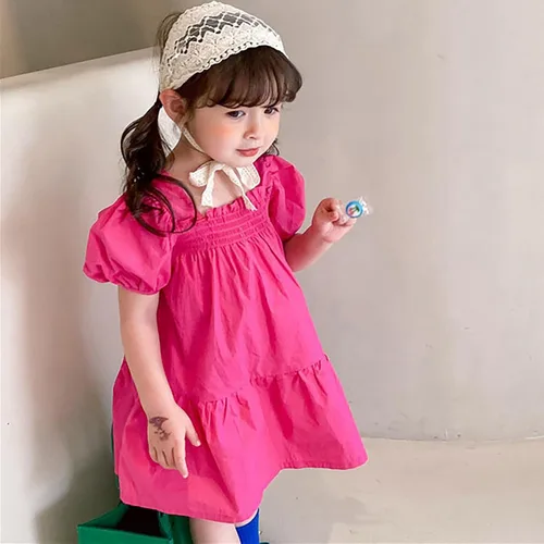 Miniatura 4 de VEFSU Toddler Kids Baby Girls Dress Puff Sleeves Solid Casual Party Ruffled Princess Dresses Infant Girl Clothes Dresses