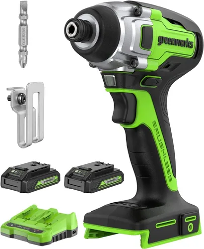Miniatura 13 de Greenworks - Taladro de impacto sin escobillas de 24 V de 1/4 pulg. inalámbrico, (2) baterías de 2.0 Ah, cargador compacto y bolsa incluidos