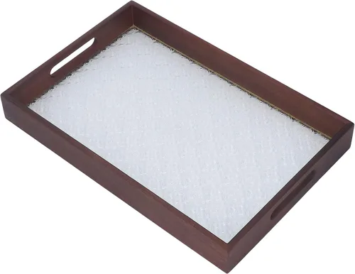 Miniatura 4 de Walnut Wood Serving Tray, Rectangle Vintage Glass Bottom with Handles, Elegant Kitchen Snack Plate - Multi Purpose, Durable Wood Siding, Ideal for
