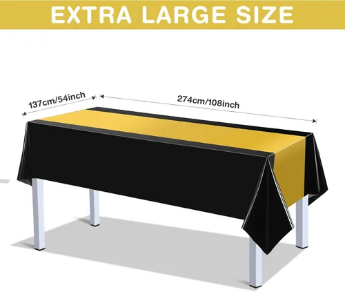 Miniatura 2 de Tatuo Juego de 6 manteles de plástico negro y dorado de 54 x 108 pulgadas, manteles rectangulares desechables y camino de mesa para graduación, baby