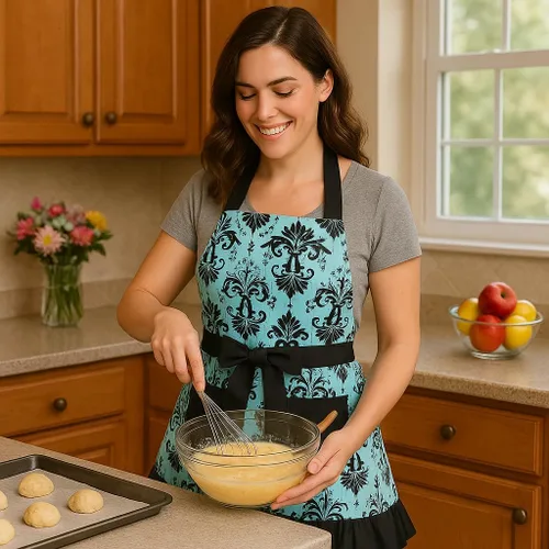 Miniatura 5 de G2PLUS Delantal de damasco vintage de algodón para mujer, cuello ajustable y bolsillo grande, azul y negro, lindo delantal de cocina y horneado