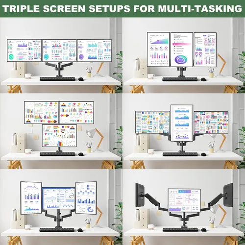 Miniatura 4 de UPGRAVITY Soporte de escritorio para monitor triple para tres pantallas de computadora planas/curvas de hasta 27 pulgadas, brazos de triple monitor