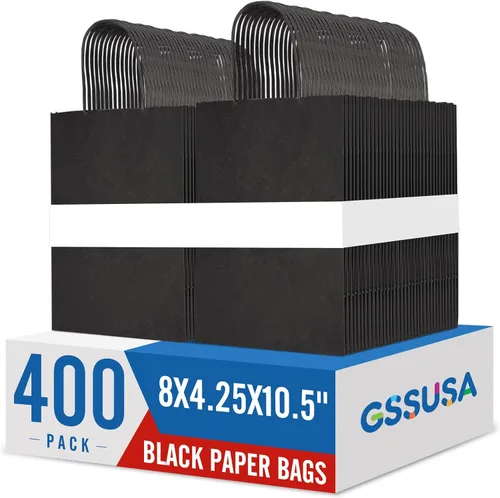 Miniatura 14 de GSSUSA Bolsas de regalo negras de 5.25 x 3.75 x 8 pulgadas, 100 unidades, bolsa para el día de San Valentín, bolsas de papel negro con asas a