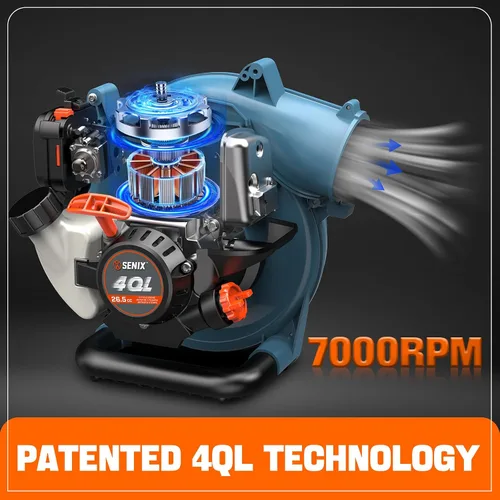 Miniatura 4 de SENIX 4QL Soplador de hojas portátil a gas de 4 ciclos de 26.5 cc para limpieza del cuidado del césped, hasta 410 CFM y 125 MPH, peso ligero, mango