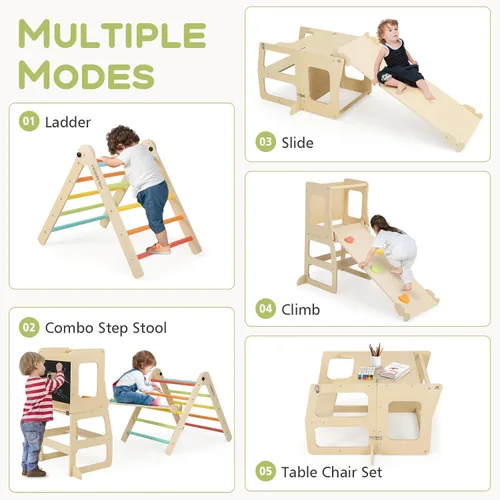 Miniatura 3 de Olakids Juego de triángulo Pikler 8 en 1 juguetes de escalada para niños pequeños Gimnasio de la jungla Montessori de madera plegable con torre