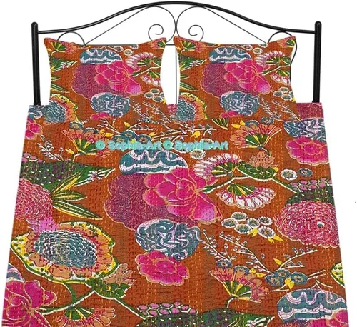 Miniatura 22 de Sophia-Art Colcha reversible de frutas indias para cama individual/king con patrón Gudri de algodón puro estilo Kantha, colcha decorativa con Rosa