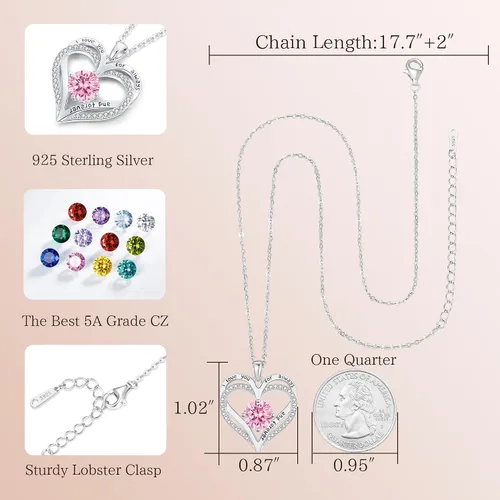 Miniatura 73 de LOUISA SECRET Love Heart Birthstone Necklaces for Women, Birthday Gift for Women, Anniversary Jewelry for Wife Her, 925 Sterling Silver Pendant