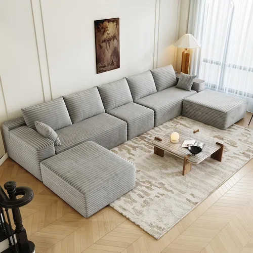 Miniatura 19 de Sofá seccional modular de 139.4", sofás minimalistas en forma de U con 2 otomanas chaise, sofá cama convertible moderno de asiento profundo, tela