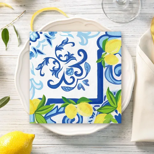 Miniatura 6 de JarThenaAMCS 80 servilletas de papel de limón de azulejos cian-azul amarillo servilletas de almuerzo acuarela limón desechables servilletas de cena