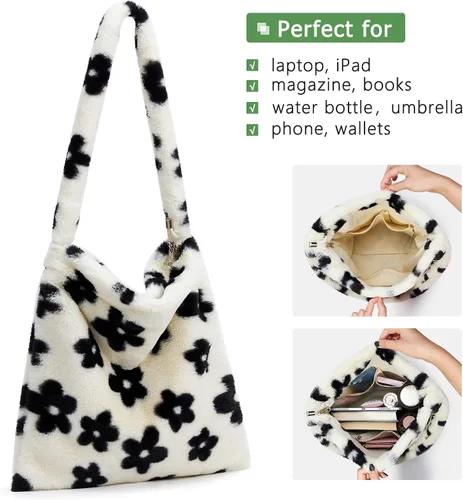 Miniatura 7 de Bolso de mano peludo y esponjoso, bolso grande y mullido, lindo bolso de felpa con cremallera para mujeres y niñas, bolso de hombro de piel