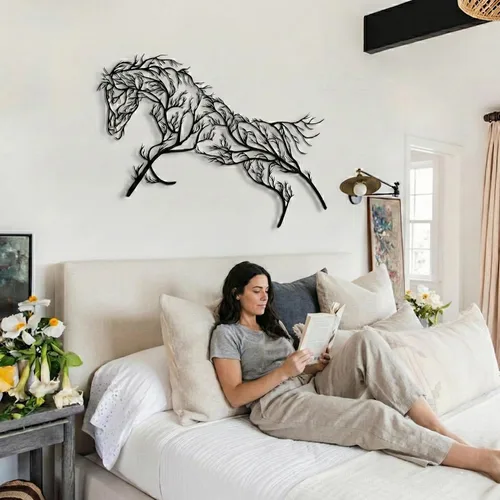 Miniatura 5 de Arte de pared de metal, decoración geométrica de caballo y árbol, decoración de oficina en casa, entrada, dormitorio, sala de estar, colgar