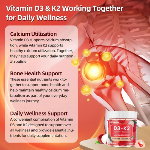 Miniatura 3 de Gomitas de vitamina D3 K2 con magnesio sin azúcar, 60 unidades Vitamina D3 5,000 UI + K2 (MK-7) 100 mcg - Suplemento de vitamina K2 D3 vegano