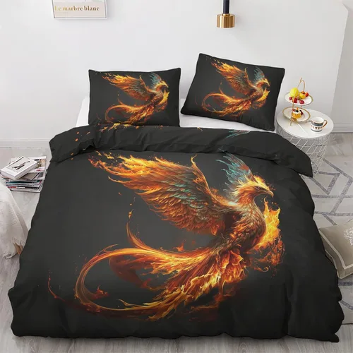 Phoenix Funda de edredón tamaño King | Juego de ropa de cama de pájaro de fantasía | 3 piezas | Funda de edredón con patrón de microfibra suave con