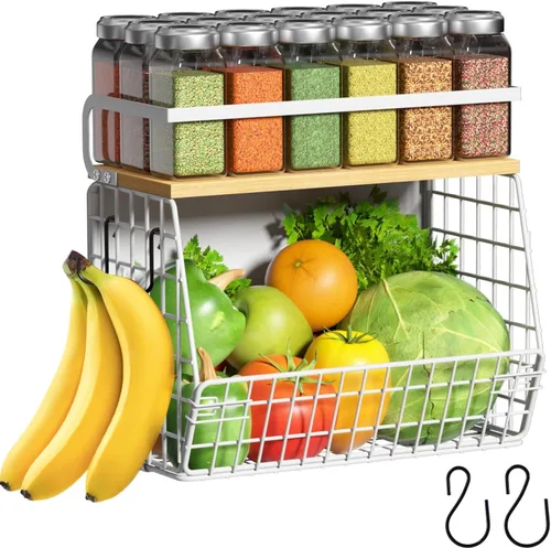 Miniatura 19 de Juego de 2 estantes magnéticos para refrigerador con tapa de madera, contenedores de almacenamiento de papas y cebollas, organizadores y Negro