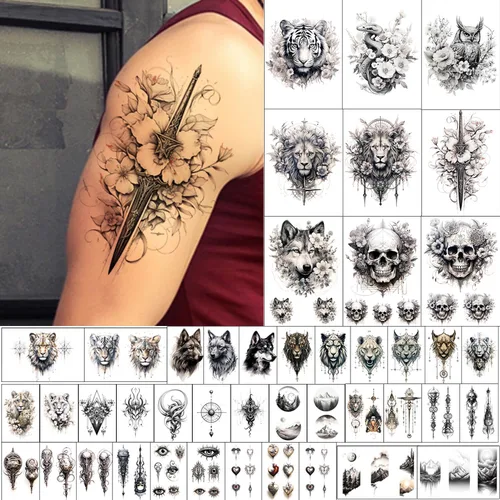 GLARYYEARS Tatuaje temporal para hombres adultos, paquete de 44 tatuajes realistas de tamaño grande y pequeño, calcomanías de tatuaje falso de larga