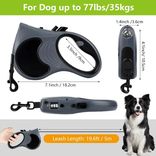 Miniatura 2 de Correa retráctil para perro con linterna, correa de paseo para perros de hasta 77 libras, correa de nailon sin enredos de 360°, mango Gris