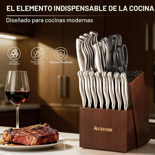Miniatura 8 de Astercook - Juego de cuchillos de cocina de 21 piezas con afilador integrado, juego de bloques de cuchillos de acero inoxidable alemán, cuchillos
